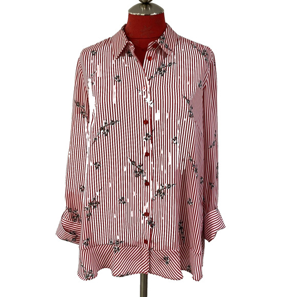 Joan Rivers Red & White Blouse Relaxed size 6 Striped & Floral Classic Casual - Picture 1 of 11